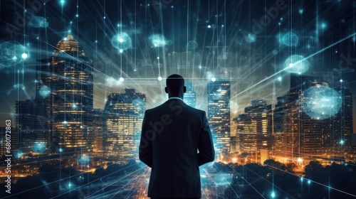 business man and the big data wireless 5G connecting, futuristic, technology, city, digital, internet, communication, success, network, innovation, online © Space_Background