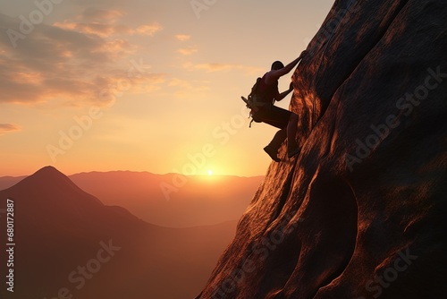 Young man climbing on the background of sunrise.