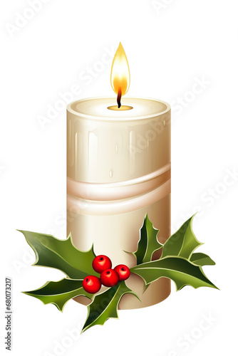 Photorealistic minimal clean simple attractive Christmas white candle with Mistletoe Christmas nursery