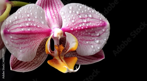 Beautiful pink orchid flower with water drops isolated on black background. Spring Flowers. Springtime Concept with Copy Space. Mothers Day Concept.