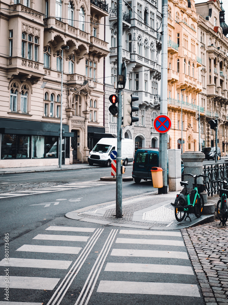 Beautiful old town street and road in Prague -  Czech Republic. Vertical photo - Urban style photography of capital city of Czechia - Prague.