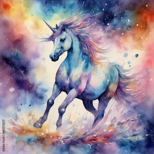 watercolor with unicorn, grunge, intense, stylized, detailed, contemporary art © khaladok