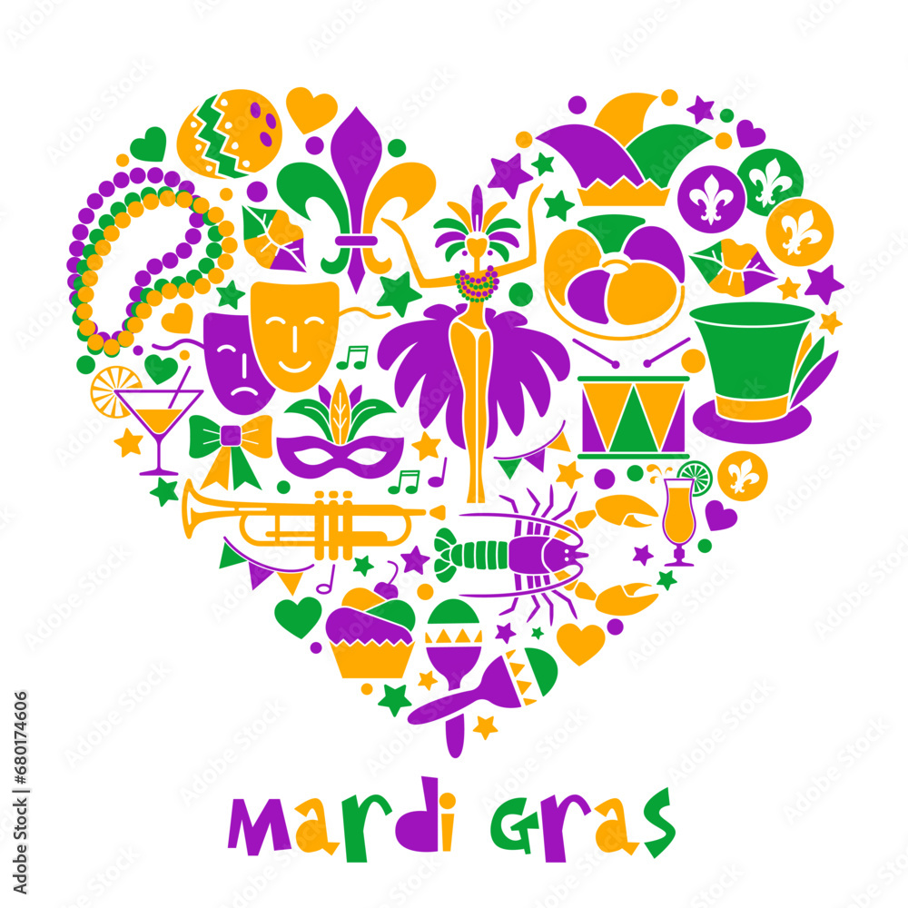 Mardi Gras carnival heart composition, flat style with feathers, beads, jester hat, mask, fleur de lis