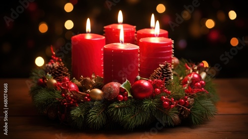  a group of red candles sitting on top of a wooden table next to a wreath filled with christmas decorations and bauben balls and a lit up with lights in the background.