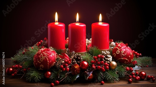  a group of three red candles sitting on top of a wooden table next to a bunch of greenery and christmas decorations on top of a wooden table with red balls.