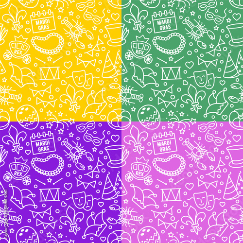 Mardi Gras carnival seamless background, linear style. Pattern with feathers, beads, jester hat, mask, fleur de lis