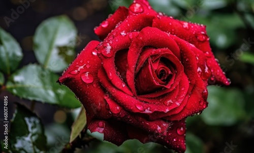 Beautiful red rose with dew drops on a black background. Love Concept with Copy Space. Mothers Day Concept.