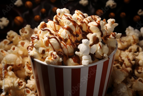 Sweet chocolate popcorn in a striped paper box