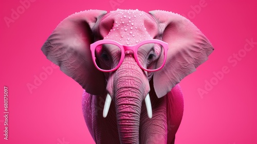  a close up of an elephant with pink glasses on it s head and tusks on it s tusks  against a pink background with a pink backdrop.