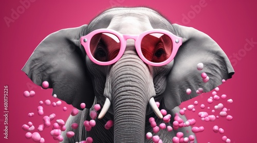  a close up of an elephant wearing pink sunglasses with hearts on it s trunk and a pink background with a pink background and a pink elephant wearing pink sunglasses with hearts on it s trunk.