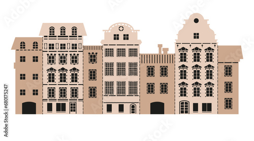 Silhouette of european traditional houses. Christmas Decor template for Cardboard cutting