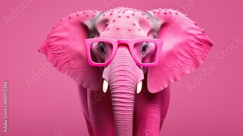  a pink elephant with glasses on it s head and a pink background with a pink background and a pink background with a pink elephant with glasses on it s head.