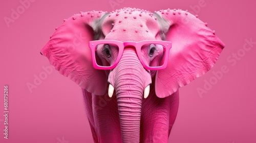  a pink elephant with glasses on it's head and a pink background with a pink background and a pink background with a pink elephant with glasses on it's head.