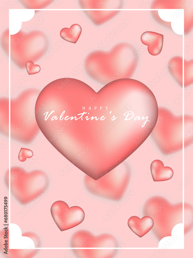 Pink vertical tender Happy Valentine's Day card with volumetric hearts and text
