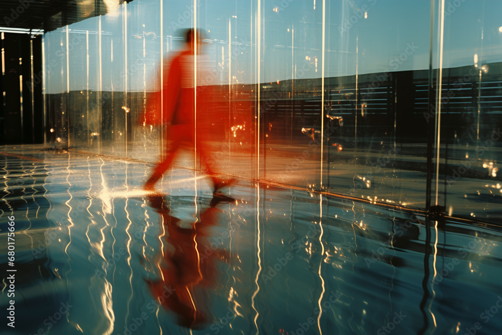 Blurry image of man walking towards a glass door, Street store display, Bright reflections, Blurry image of a man.