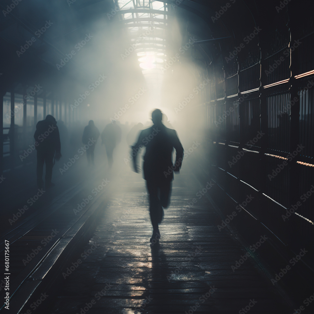 Blurry image of a man in a haze running into factory, people go to the factory early in the morning, industrial background, high iron fence