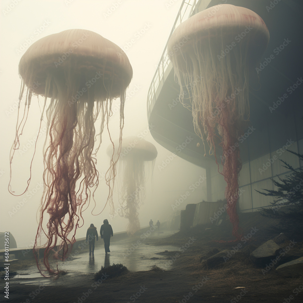 Huge jellyfish hover in the air, jellyfish on city streets, futuristic city landscape with people and jellyfish on the street, jellyfish in the fog