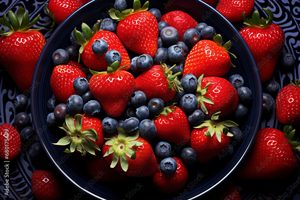Assorted berries in a plate, from top view, Berries Background, Various fresh summer berries: strawberries, blueberries, Closeup colorful assorted mix of fresh berries.
