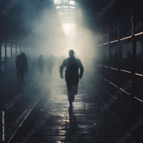 Blurry image of a man in a haze running into factory, people go to the factory early in the morning, industrial background, high iron fence