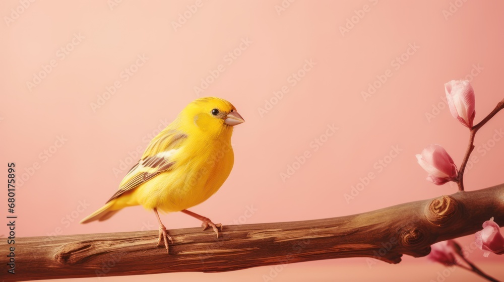  a yellow bird perched on a branch of a tree with pink flowers in front of a light pink background and a pink wall behind the bird is perched on a branch.