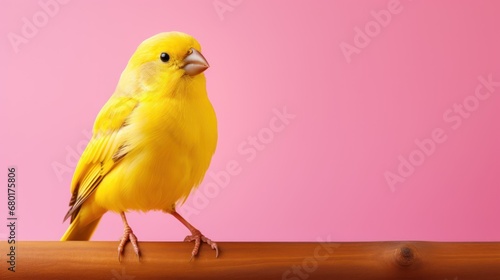  a yellow bird sitting on top of a wooden table next to a pink wall and a wooden table with a wooden table top and a pink wall in the background.