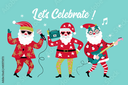 Christmas holiday cute Santa character set. Santa singing, playing guitar and dancing. Childish print for cards, stickers, apparel and decoration. Vector Illustration