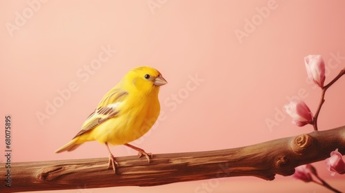  a yellow bird perched on a branch of a tree with pink flowers in front of a light pink background and a pink wall behind the bird is perched on a branch. © Anna