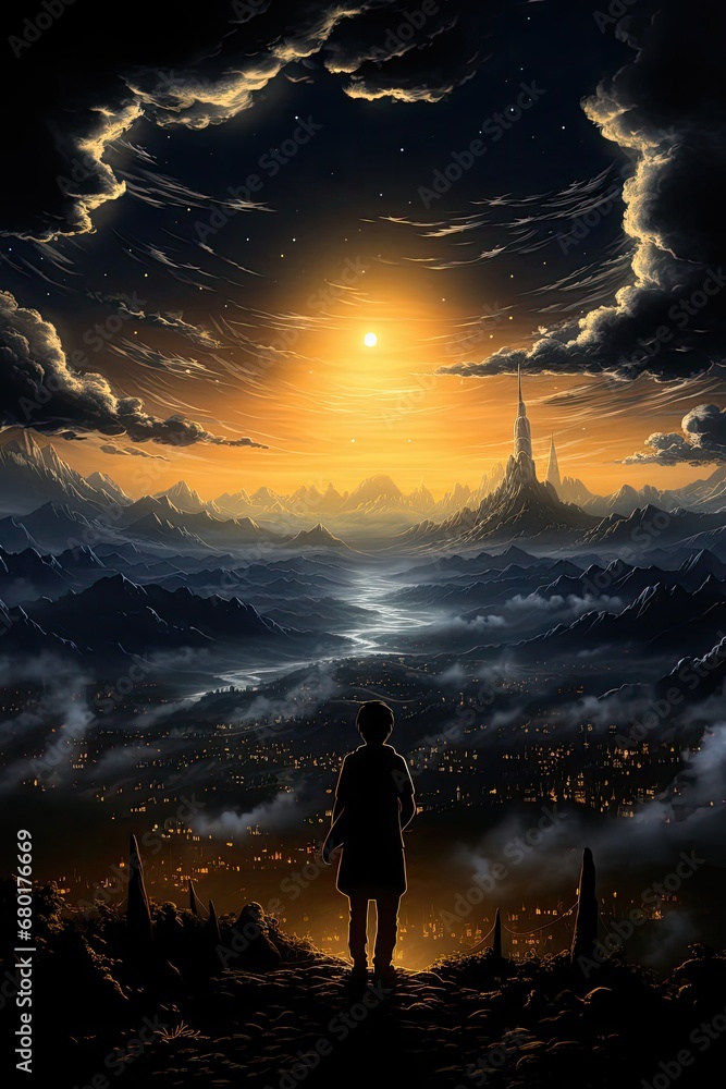 Fototapeta premium Strong Individual Overlooking the Vast Landscape Under a Moody Sky Generative AI
