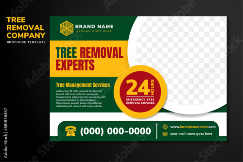 Tree removal experts service flyer design template. Tree trimming and management services poster leaflet design. Lawn service banner design with space for photo collage. green and yellow background.