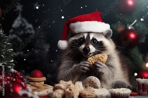 a cute guilty looking racoon thinking about eating your christmas cookies