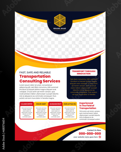 transportaion consulting services flyer template designs with space for photo. Combination red, blue and yellow on element, white on background. Vertical layout of ads with infographic coloumn. photo