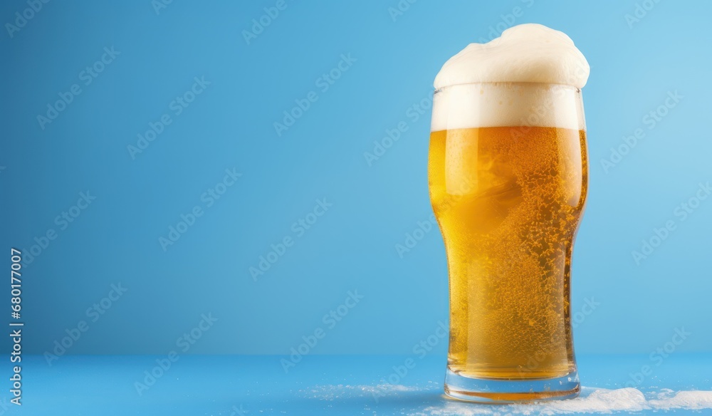 a tall glass of beer sitting on top of a blue table next to a foamy substance on the bottom of the glass and on the bottom of the glass. a tall glass of beer sitting on top of a blue table next to a foamy substance on the bottom of the glass and on the bottom of the glass.