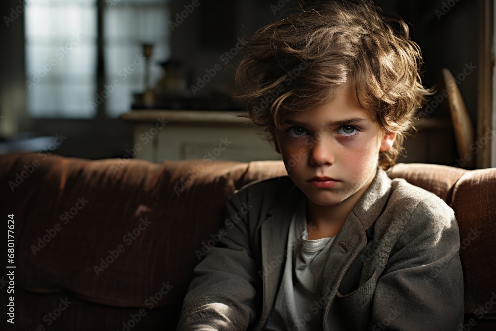 Fototapeta premium Grumpy Angry Kid Concept of Difficult Child Parenting Problems Family Education Special Education Needs SEN Students Children Childhood Development Attention Seeking