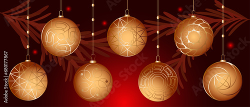 Set of christmas tree decorations. Holiday golden balls various ornament on red background. Vector illustration for template, cover, greeting card, poster, banner, website, wallpaper, flier, backdrop