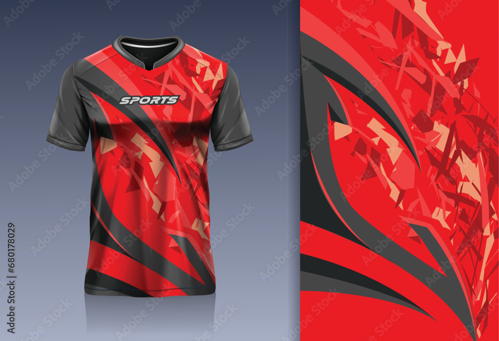 Tshirt mockup abstract grunge sport jersey design for football soccer, racing, esports, running, red black color - obrazy, fototapety, plakaty 