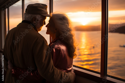 Older couple on a cruise ship, at sunset.