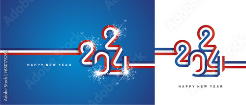 New Year 2024 continuous ribbon in the shape of 2024. Abstract blue white red flag of France shape 2024 logo with sparkle firework isolated on white and blue background