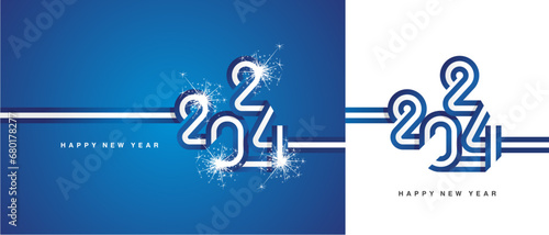 New Year 2024 continuous ribbon in the shape of 2024. Abstract blue white flag of Greece shape 2024 logo with sparkle firework isolated on white and blue background