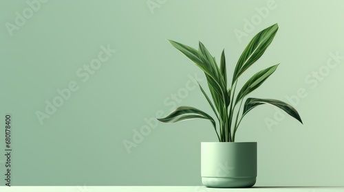  a green potted plant sitting on top of a table next to a green wall and a green wall behind the plant is a single leafy plant in the middle of the pot.