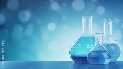  three flasks filled with blue liquid sit on a table with a boke of light shining on the back of the flasks and a blurry background.