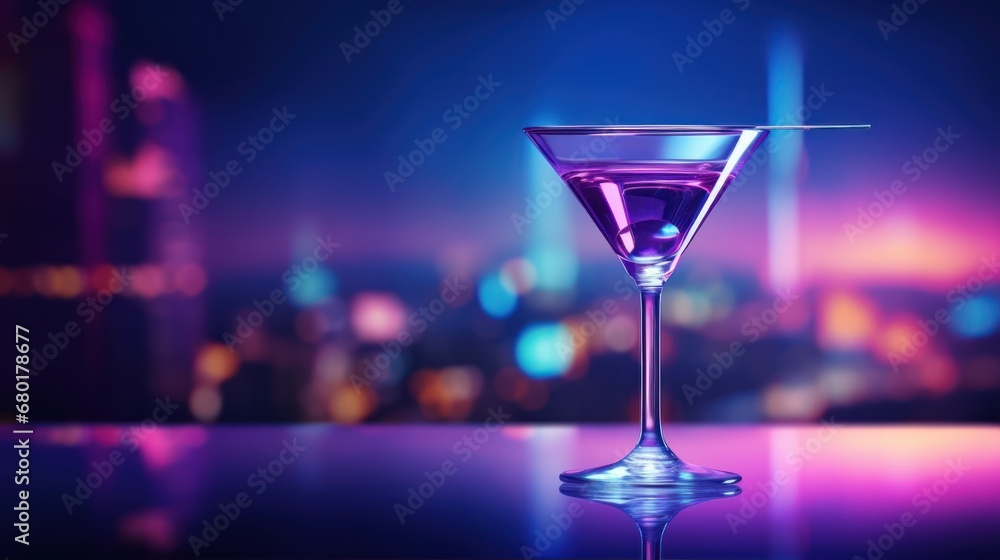  a martini glass sitting on a table in front of a cityscape at night with a purple and blue hued light reflecting off of the top of the glass.