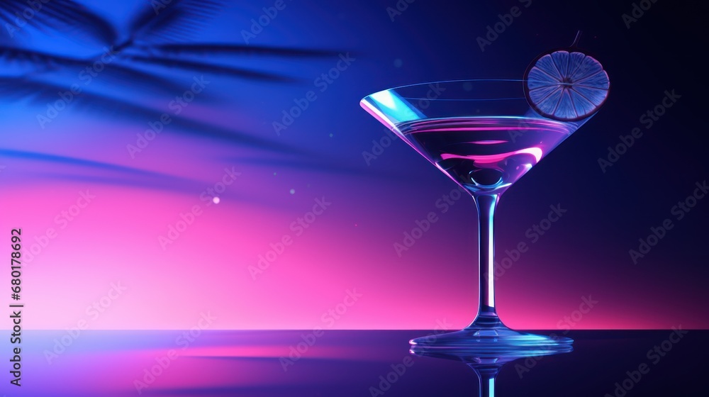 a drink in a glass with a slice of fruit on the rim and a palm tree in the background with a pink and blue sky and purple hued background. a drink in a glass with a slice of fruit on the rim and a palm tree in the background with a pink and blue sky and purple hued background.