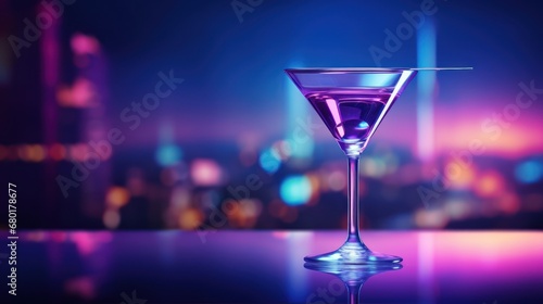  a martini glass sitting on a table in front of a cityscape at night with a purple and blue hued light reflecting off of the top of the glass. photo