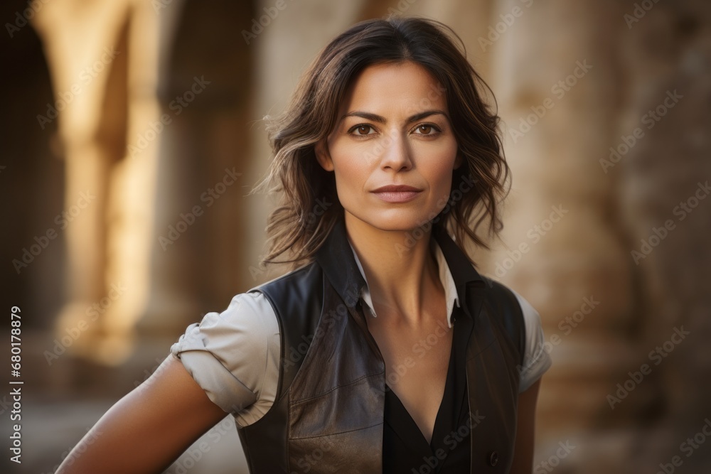 Portrait of a glad woman in her 40s dressed in a polished vest against a backdrop of ancient ruins. AI Generation Portrait of a glad woman in her 40s dressed in a polished vest against a backdrop of ancient ruins. AI Generation