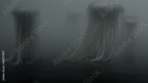  a group of jelly like objects floating in the air on a foggy day in the middle of a body of water in the middle of a body of water.