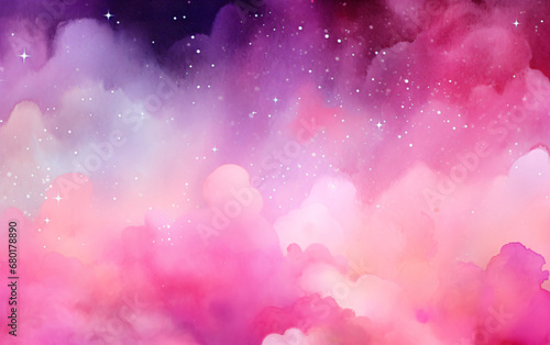 Watercolor texture background showcases a gradient of predominantly pink and purple hues, featuring a dreamy cloudy texture sprinkled with white stars.