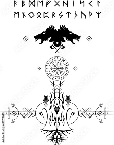 Wikinger Runen, Wurzeln und Symbole - Ornamente und Runenkreis mit Wolfskopf