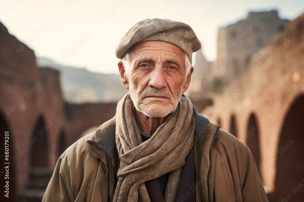 Portrait of a glad man in his 70s wearing a thermal fleece pullover against a backdrop of ancient ruins. AI Generation Portrait of a glad man in his 70s wearing a thermal fleece pullover against a backdrop of ancient ruins. AI Generation