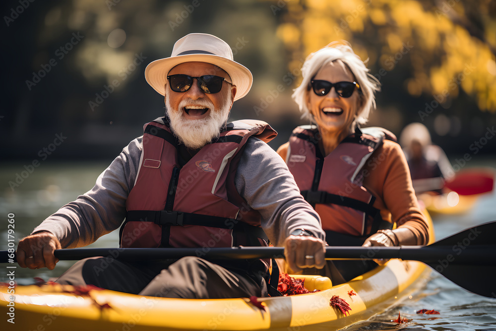 Senior couple is enjoying a leisurely kayaking adventure.