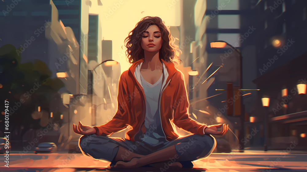 Illustration of a woman practicing meditation, yoga, relaxation in the city downtown, with tranquility, peaceful mind, well-being and serenity - Generated by Generative AI Illustration of a woman practicing meditation, yoga, relaxation in the city downtown, with tranquility, peaceful mind, well-being and serenity - Generated by Generative AI